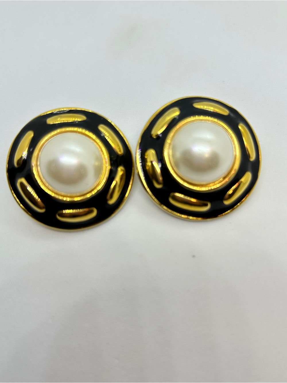 Gold-Tone Black Enamel Pearl Dome Clip Earrings - Women Jewelry